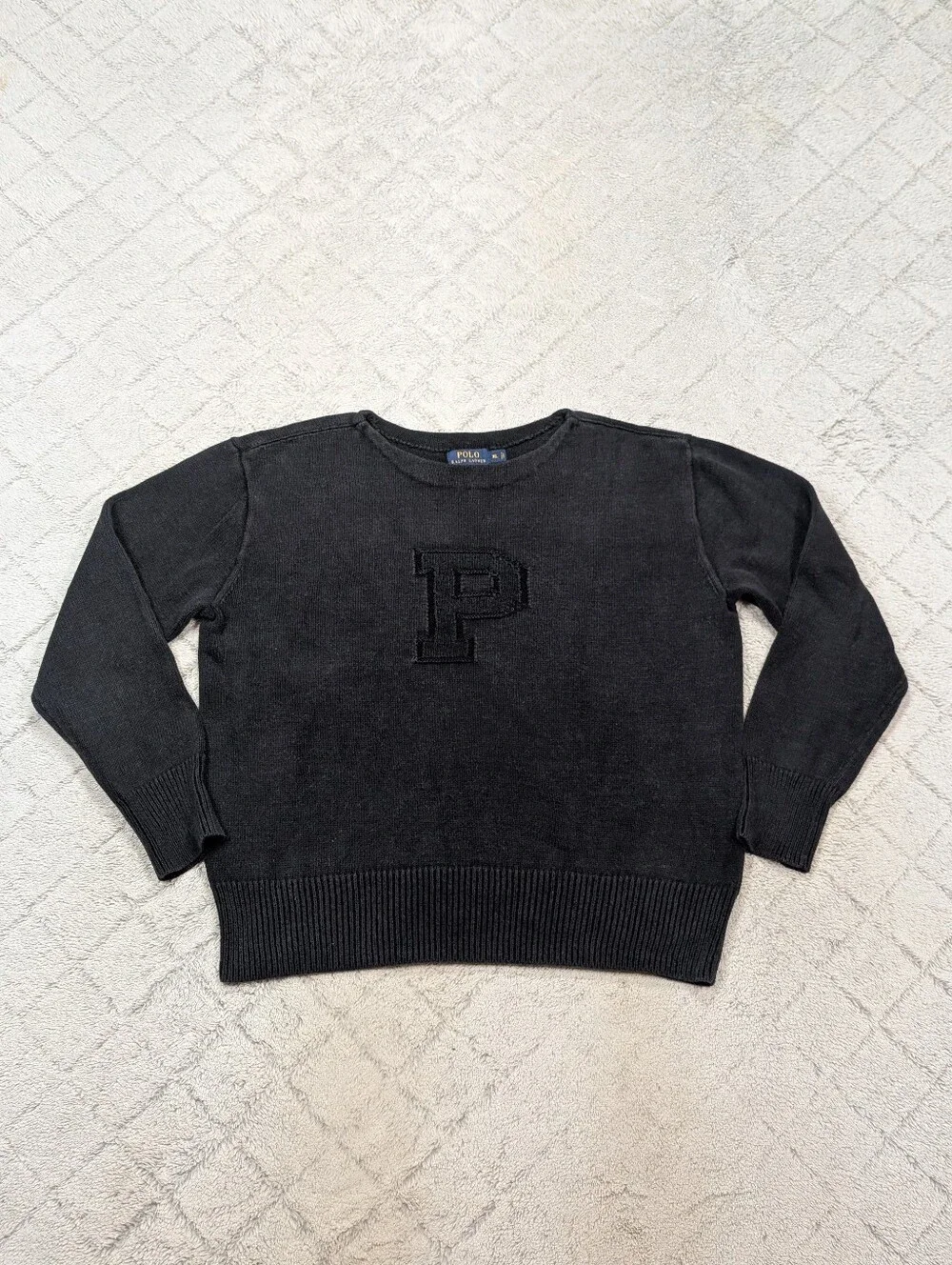 Polo Ralph Lauren Sweater Mens XL Black Big P Logo Boatneck Heavy Cotton Knit